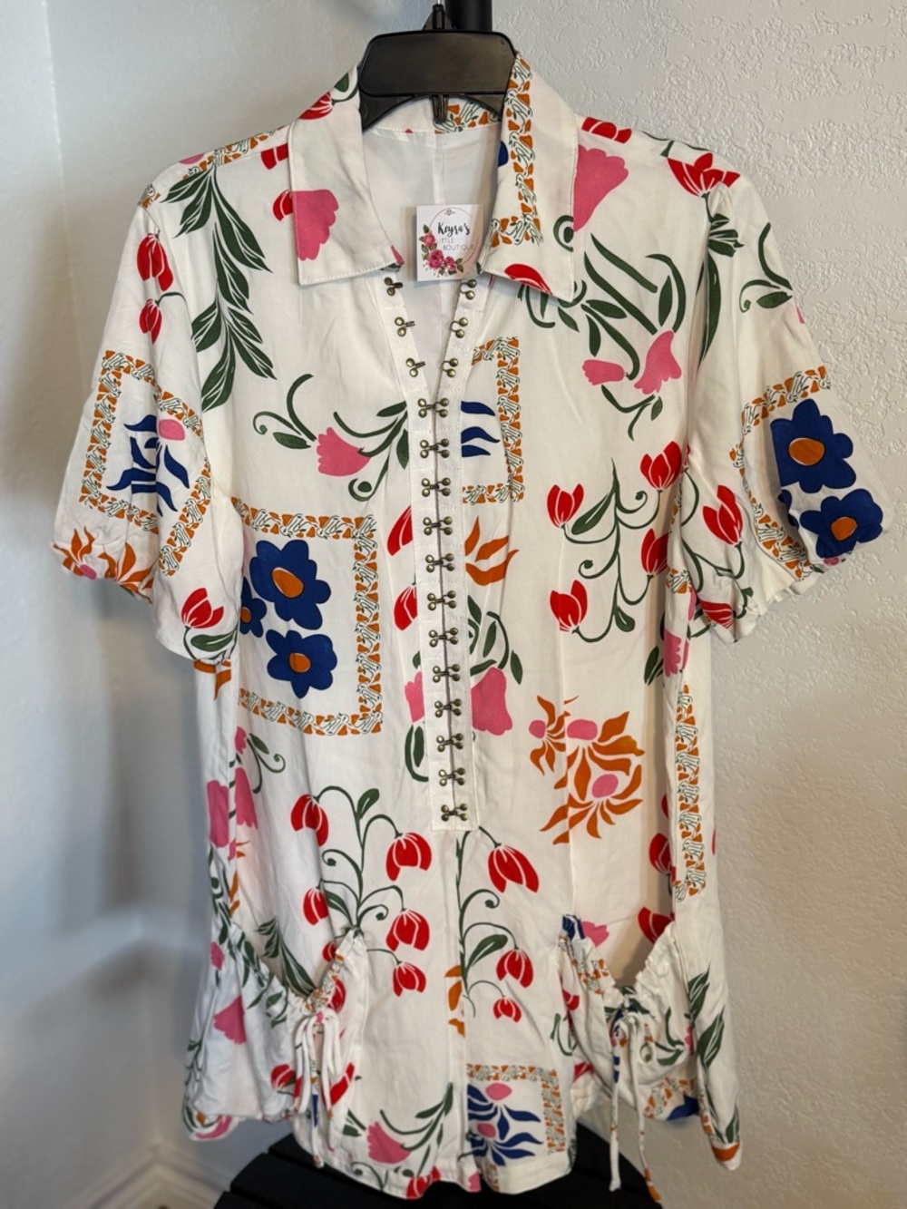 Koyla Floral Button-Front Drawstring Tunic - White with Multicolor Flowers